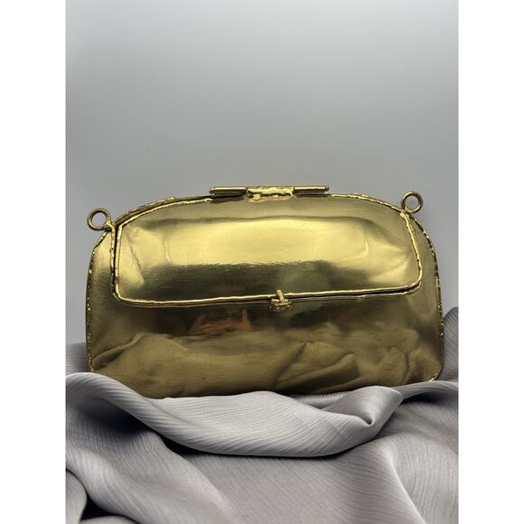 Vintage Oval Bag Golden Black Brass Onyx Stone Small Strap Black Nylon - Picture 5 of 6